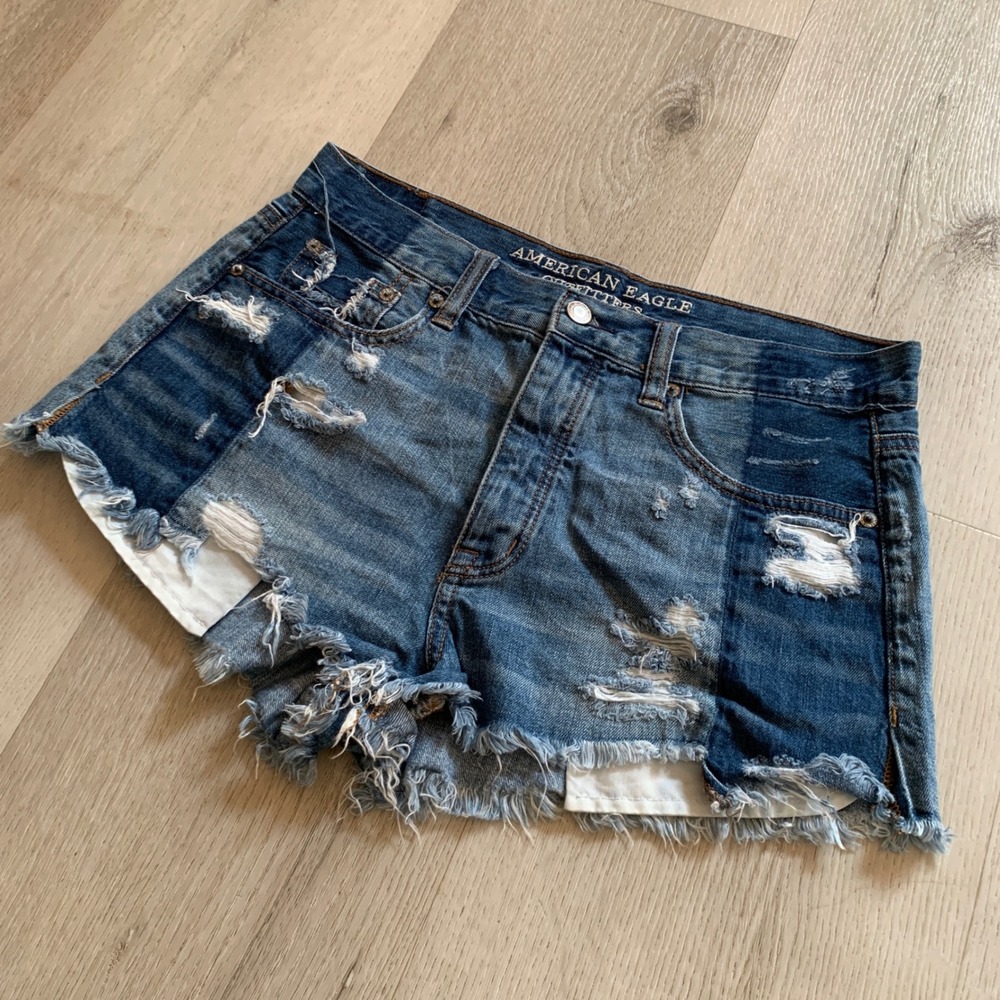 American Eagle Distressed Two Tone Denim Shorts High Rise Cutoff Blue Womens 10